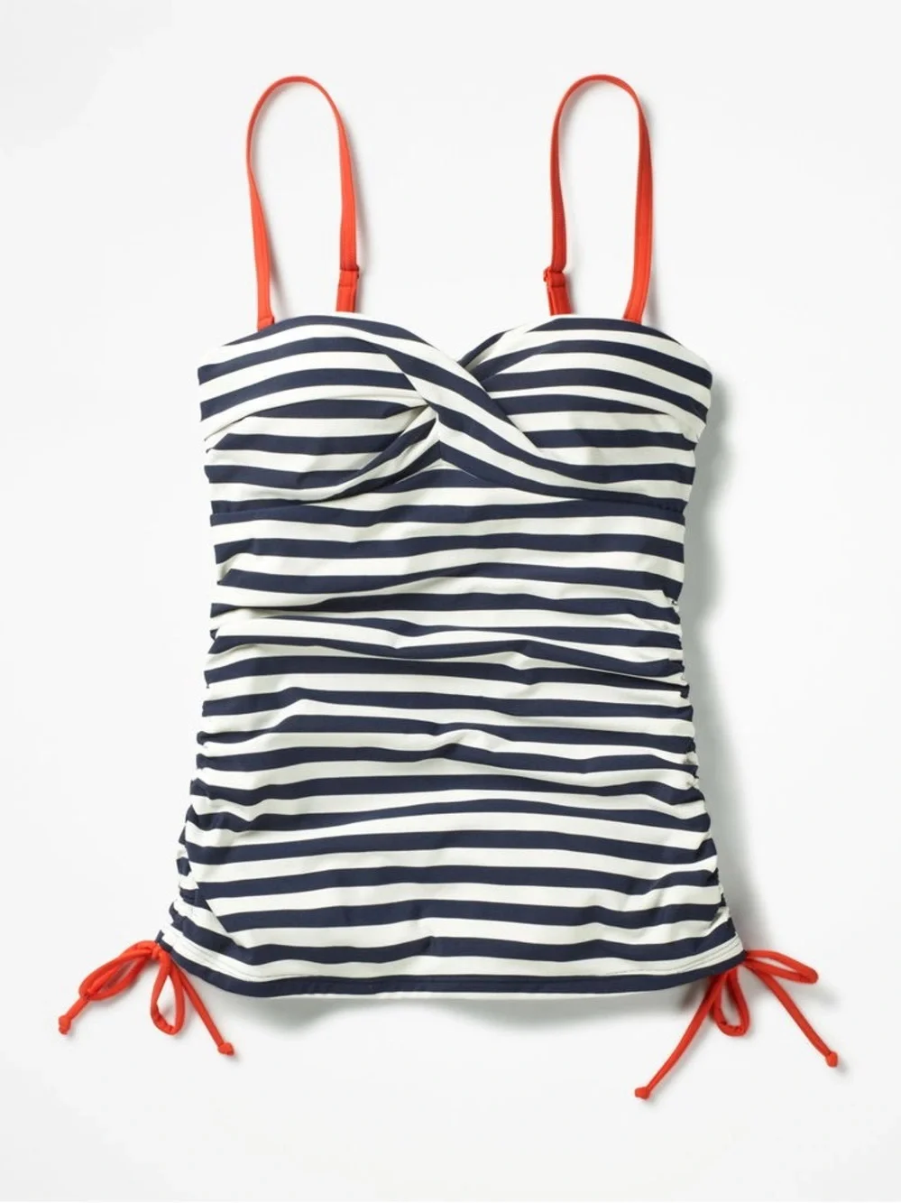Boden white and navy striped swim suit tank top with orange straps and tie side🗻
